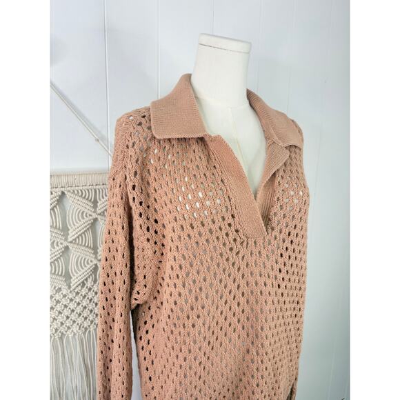 Aerie Tan Oversized Open Knit Polo Sweater Size Medium - Picture 5 of 10